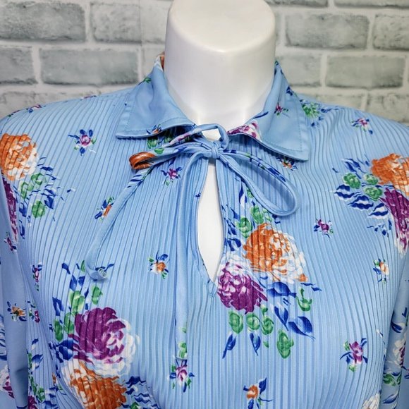 Vintage 70s Blue Floral Sheer Scarf Tie‎ Collar Pleated Secretary Midi Dress - Picture 3 of 12